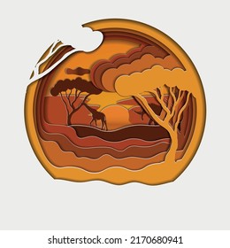paper-cut postcards with savannah, giraffe and elephant on sunset background. vector illustration