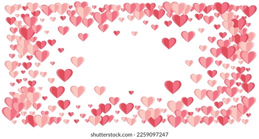 Papercut rosy heart shapes explosion background design. Valentines Day sale decor. Banner backdrop. Random heart amour symbols scatter.