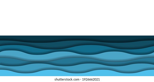 Papercut sea waves background. Seamless pattern. Paper art, blue and turquoise waves on white background. Vector illustration