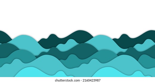 Papercut sea waves background. Teal and turquoise waves, paper art layered 3d effect. Seamless pattern,ocean water vector illustration