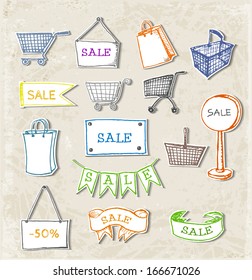 Paper-cut shopping objects with realistic shadows. Vector illustration.