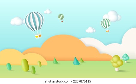 Papercut sky landscape banner with hot air balloon, clouds made in realistic paper craft art. Kid promotion for toy store discount or child care product.