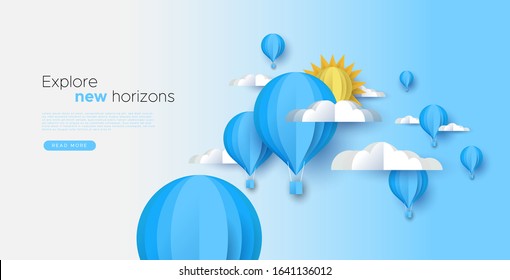 Papercut sky landscape web template background with white copy space. Hot air balloon, sun and clouds made in realistic paper craft art or origami style.