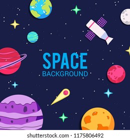 Papercut space background. Cartoon universe background with earth, comet, pluto, moon, mars, star. Astronomy background.