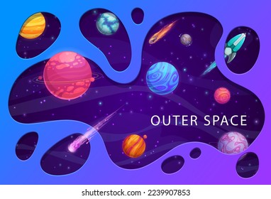 Papercut space landscape. Cartoon galaxy planets and rocket. Space travel, alien galaxy exploration paper cut vector banner or outerspace 3d background with fantasy planets, starship and comets