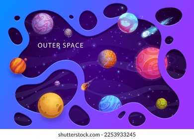 Papercut space landscape. Cartoon galaxy planets. Outer space, interstellar travel and galaxy exploration 3d wallpaper or banner, paper cut background with alien, fantastic planets, stars and comets