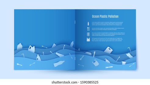 Papercut stop ocean plastic pollution blue flyer template. Sample environmental booklet. Sea waves and waste in paper cut style. Vector craft cardboard ecological poster concept.