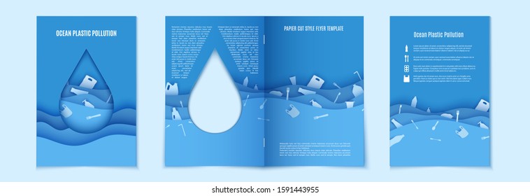 Papercut stop ocean plastic pollution blue flyer template. Sample environmental booklet with the cutout in the form of drop. Sea waves waste in paper cut style, vector ecological poster concept