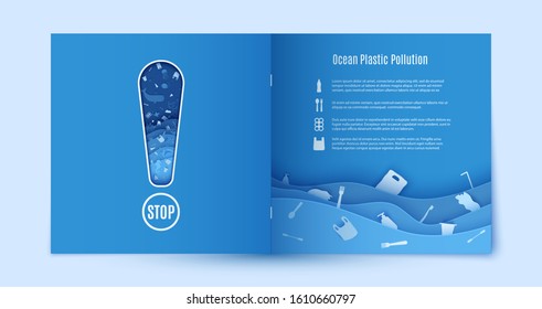 Papercut stop ocean plastic pollution blue flyer template. Sample environmental booklet with the cutout in the form of an exclamation mark. Sea waves waste in paper cut style. Vector ecological poster
