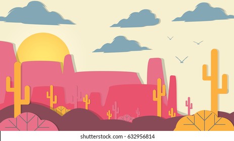 Paper-cut Style Applique Desert with Cactus and Mesa  - Vector Illustration