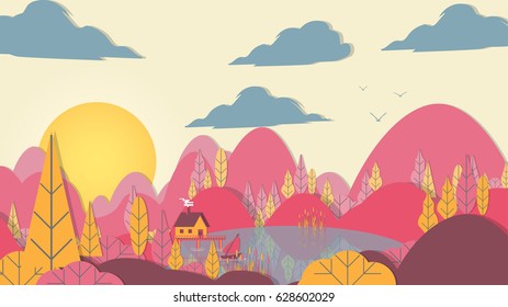 Paper-cut Style Applique Forest with Lake and Small House - Vector Illustration