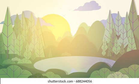 Paper-cut Style Applique Forest with Lake  - Vector Illustration
