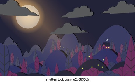 Paper-cut Style Applique Forest with Small House Night Landscape- Vector Illustration