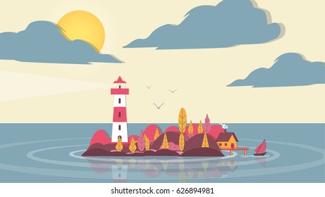 Paper-cut Style Applique Lighthouse on Small Island with House and Trees - Vector Illustration