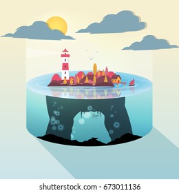 Paper-cut Style Applique Lighthouse and Small Island Slice Of Land and Underwater view - Vector Illustration