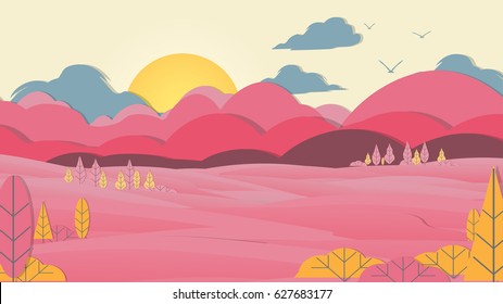 Paper-cut Style Applique Meadow Landscape with Mountains  - Vector Illustration