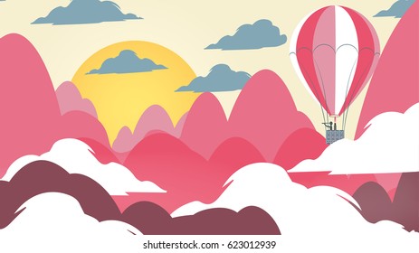 Paper-cut Style Applique Mountain Landscape with Hot Air Balloon - Vector Illustration