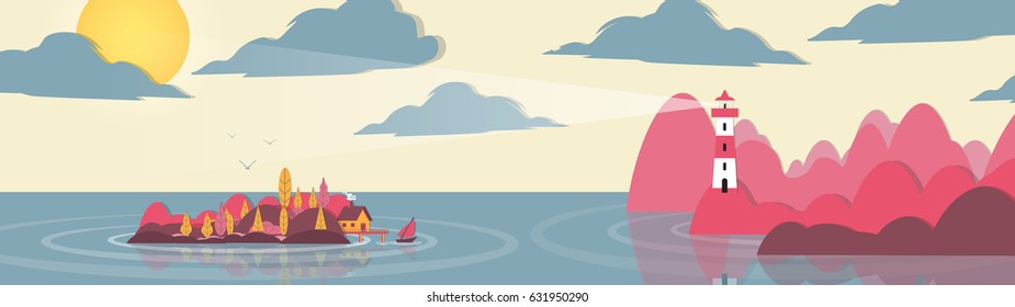 Paper-cut Style Applique Panorama Lighthouse and Small Island with House and Trees - Vector Illustration