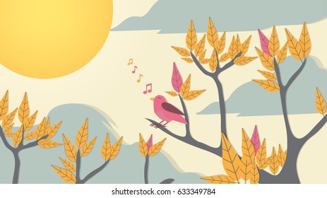 Paper-cut Style Bird on Tree Branch - Vector Illustration