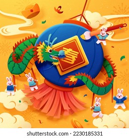 Papercut style Chinese greeting card. Tiny rabbits stepping on clouds performing dragon dance around lantern in yellow sky. Text: Spring.