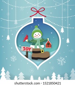 Paper-cut style Christmas card with snowman and bird inside.Vector illustration.Christmas card.