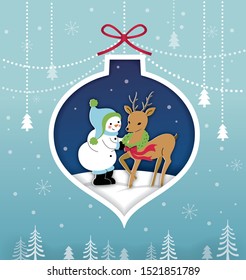 Paper-cut style Christmas card with snowman and deer inside.Vector illustration.Christmas card.