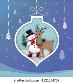 Paper-cut style Christmas card with snowman and deer .Vector illustration.Christmas card.