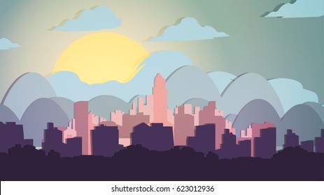 Paper-cut Style City with Mountains  - Vector Illustration