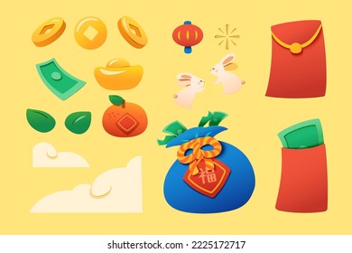 Papercut style elements for Chinese new year. Including white bunny, gold ingots, coins, red envelopes, orange, leaves, cloud, and lucky bag. Text: Blessing 