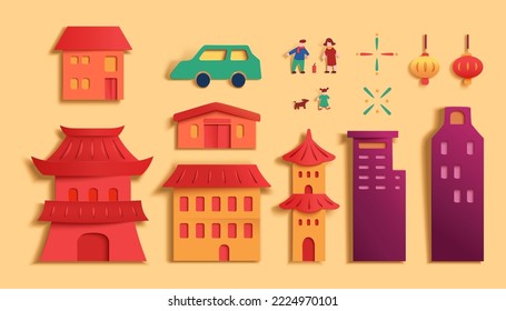 Papercut Style Elements Including Lanterns, Fireworks, Family, Car, Chinese Buildings And Skyscraper