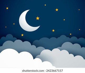 papercut style half moon and star background with clouds design vector