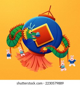 Papercut style little rabbit dragon dancing that wraps around blue lantern isolated on yellow background.