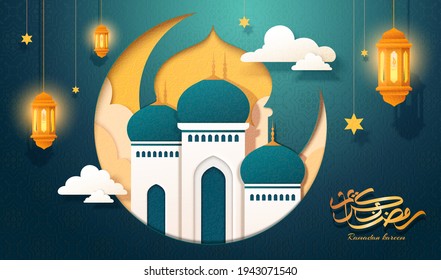 Papercut style mosque and crescent moon greeting card with hanging lanterns, arabic calligraphy text Ramadan Kareem for islamic holiday