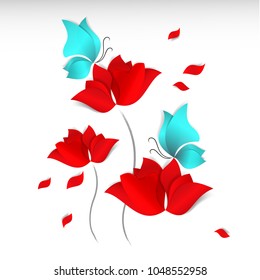 Paper-cut style red flowers, blue butterflies and flying petals on white background. 3D vector, card, spring, summer, love, flora, design, mother day, Valentine's wedding wallpaper, happy, bright, art
