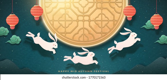 Papercut style three jade rabbits jumping high in the air with golden moon, papercut style mid autumn festival banner