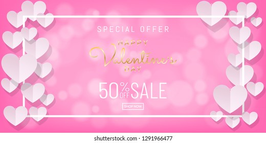 Papercut style of Valentines day sale background with gold calligraphy on pink color with hearts and white frame, Paper art (Digital craft) wallpaper, posters, brochure, banner. Vector illustration.