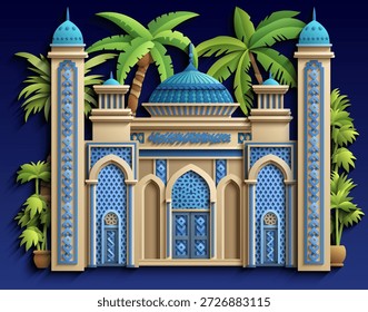 Ilustración vectorial estilo papercut de un palacio islámico o mezquita con arcos, cúpulas, minaretes y palmeras. Arquitectura ornamental en capas para viajes, cultura y uso de marca. Dibujado a mano, no AI