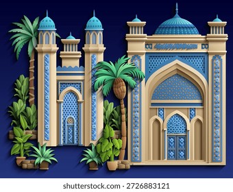 Ilustração vetorial estilo papercut de um palácio islâmico ou mesquita com arcos, cúpulas, minaretes e palmeiras. Arquitetura ornamental em camadas para viagens, cultura e uso de marcas. Desenhado à mão, não com IA