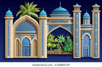 Papercut style vector illustration of an Islamic palace or mosque with arches, domes, minarets, and palm trees. Layered ornamental architecture for travel, culture, and branding use. Hand drawn, not AI