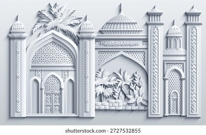Ilustração vetorial estilo papercut de um palácio islâmico ou mesquita com arcos, cúpulas, minaretes e palmeiras. Arquitetura ornamental em camadas para viagens, cultura e uso de marcas. Desenhado à mão, não com IA