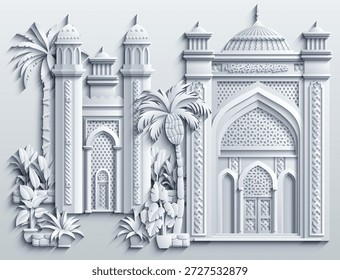 Papercut style vector illustration of an Islamic palace or mosque with arches, domes, minarets, and palm trees. Layered ornamental architecture for travel, culture, and branding use. Hand drawn, not AI