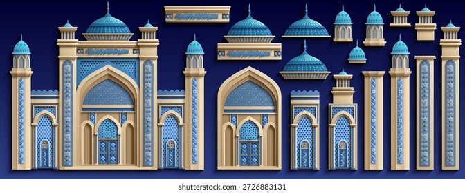Papercut Stil Vektorgrafik der verzierten islamischen Architektur Fassaden mit Bögen und Kuppeln. Gestaltetes dekoratives Design, ideal für Kultur-, Reise- und Markenprojekte. Handgezeichnet, nicht KI