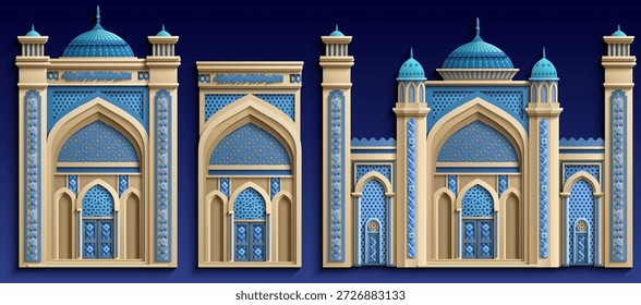 Ilustración vectorial de estilo Papercut de fachadas ornamentadas con arcos y cúpulas. Diseño decorativo en capas ideal para proyectos culturales, de viajes y de marca. Dibujado a mano, no AI