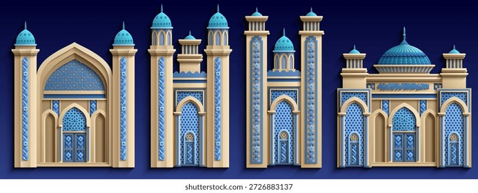 Ilustración vectorial de estilo Papercut de fachadas ornamentadas con arcos y cúpulas. Diseño decorativo en capas ideal para proyectos culturales, de viajes y de marca. Dibujado a mano, no AI