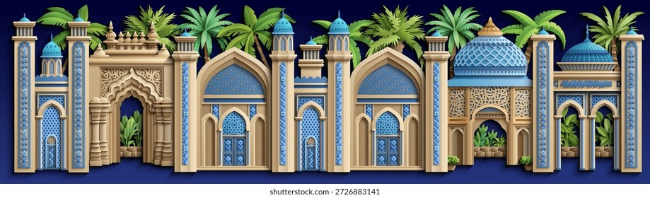 Ilustración vectorial de estilo Papercut de fachadas ornamentadas con arcos y cúpulas. Diseño decorativo en capas ideal para proyectos culturales, de viajes y de marca. Dibujado a mano, no AI