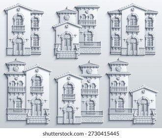 Conjunto de Vectores estilo papercut de Elementos de fachada de villa mediterránea: casas modulares, puertas arqueadas, ventanas, balcones, escaleras y azulejos. Aspecto de corte de papel en capas, kit de activos arquitectónicos. Dibujado a mano, no AI