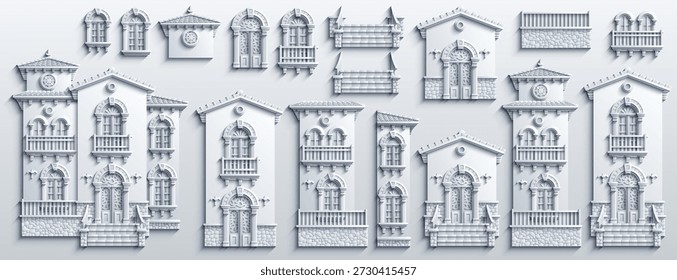 Conjunto de Vectores estilo papercut de Elementos de fachada de villa mediterránea: casas modulares, puertas arqueadas, ventanas, balcones, escaleras y azulejos. Aspecto de corte de papel en capas, kit de activos arquitectónicos. Dibujado a mano, no AI