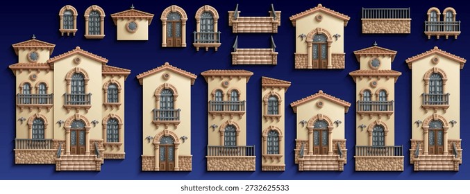 Conjunto de Vectores estilo papercut de Elementos de fachada de villa mediterránea: casas modulares, puertas arqueadas, ventanas, balcones, escaleras y azulejos. Aspecto de corte de papel en capas, kit de activos arquitectónicos. Dibujado a mano, no AI