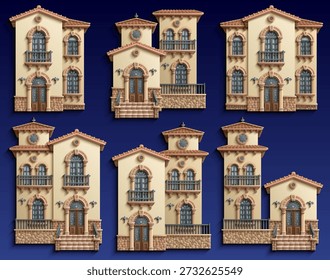 Conjunto de Vectores estilo papercut de Elementos de fachada de villa mediterránea: casas modulares, puertas arqueadas, ventanas, balcones, escaleras y azulejos. Aspecto de corte de papel en capas, kit de activos arquitectónicos. Dibujado a mano, no AI