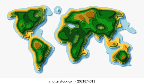 Papercut style vector world map. Topographic earth ecology background. 